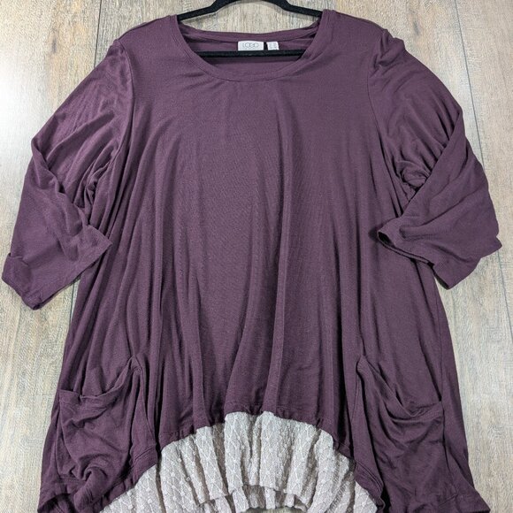 LOGO Lori Goldstein Tunic Top Womens 2X Purple Asymmetrical 3/4 Sleeve Pockets - Picture 1 of 10